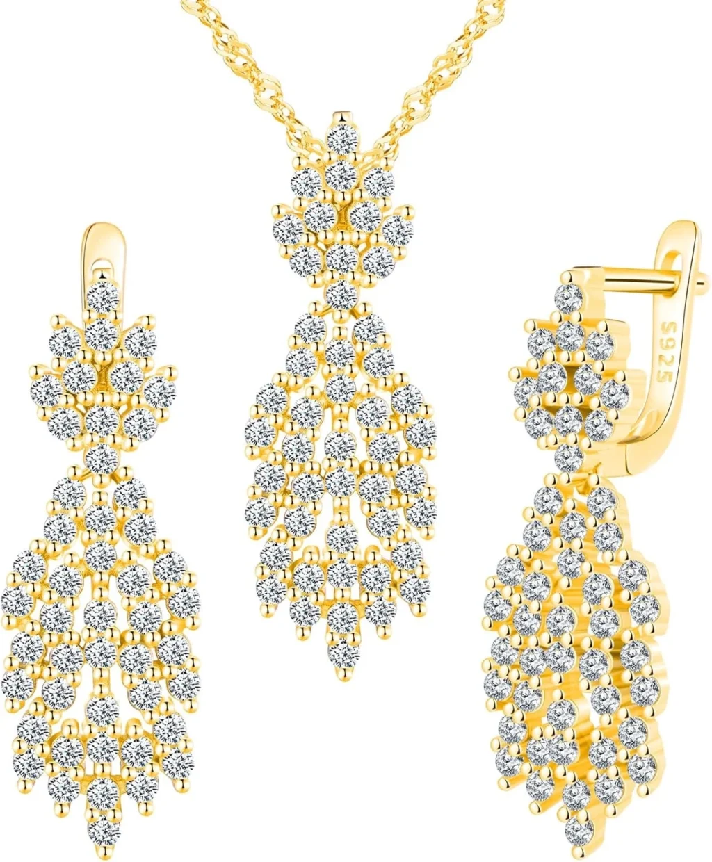 Yumilok leaf tassels 925 Sterling Silver Necklace Earring Sets Pendant Necklace for women Cubic Zirconia