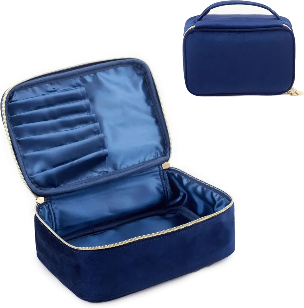 KOPY Velvet Makeup Bag for Women, Large and Classy Makeup Organizer, Make Up Travel Toiletry Bag Portable with Handle, Navy, Vintage