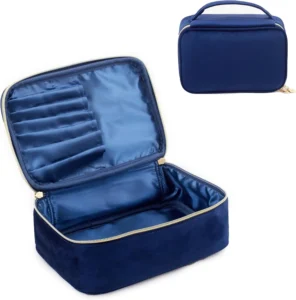 KOPY Velvet Makeup Bag for Women, Large and Classy Makeup Organizer, Make Up Travel Toiletry Bag Portable with Handle, Navy, Vintage