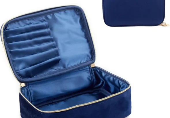 KOPY Velvet Makeup Bag for Women, Large and Classy Makeup Organizer, Make Up Travel Toiletry Bag Portable with Handle, Navy, Vintage