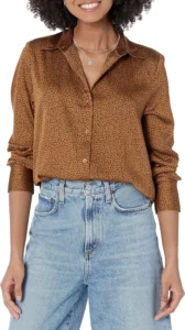 Amazon Essentials Women's Regular-Fit Satin Button Down Blouse (Available in Plus Size)