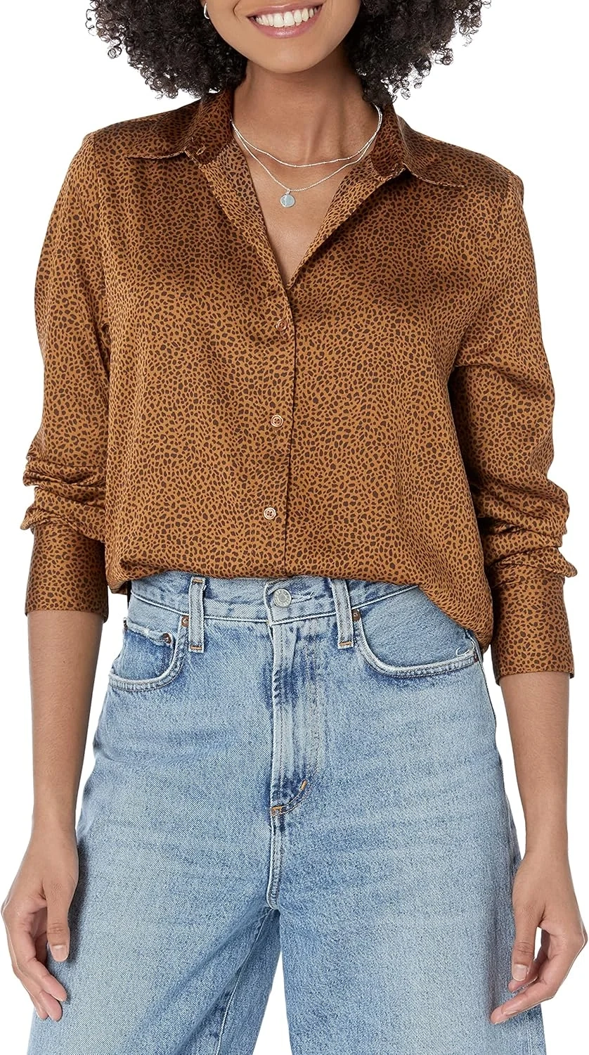 Amazon Essentials Women's Regular-Fit Satin Button Down Blouse (Available in Plus Size)