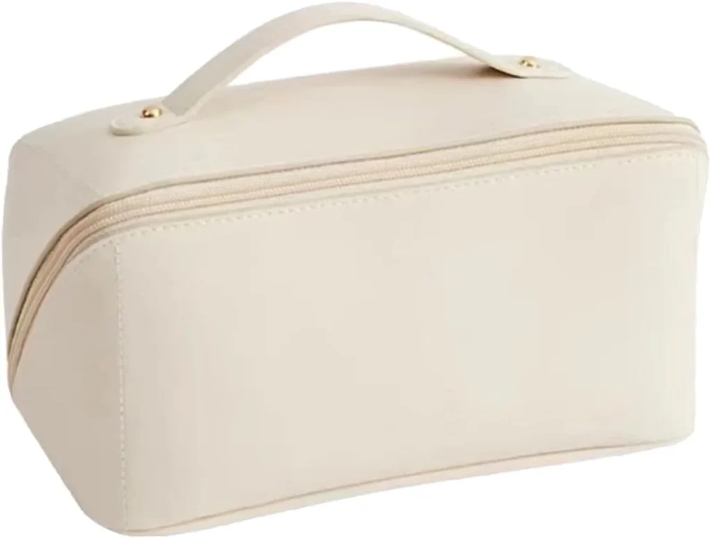 CORIOS Large Capacity Travel Cosmetic Bag Make Up Bag with Handle and Zipper Multifunction Waterproof Toiletry Bag PU Travel Organiser Bag Wash Bag for Women Ladies Girls White