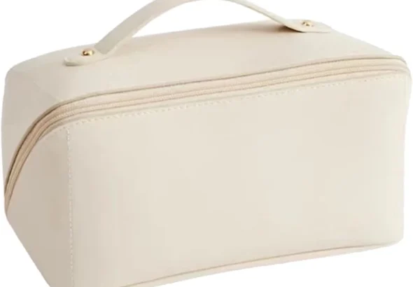 CORIOS Large Capacity Travel Cosmetic Bag Make Up Bag with Handle and Zipper Multifunction Waterproof Toiletry Bag PU Travel Organiser Bag Wash Bag for Women Ladies Girls White