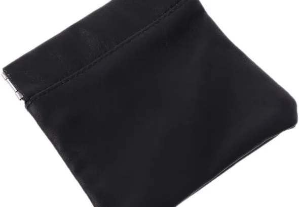 Men Ladies Genuine Leather Coin Pouch Snap Top Purse Strong Metal Spring Closure Small Change Bag,Black