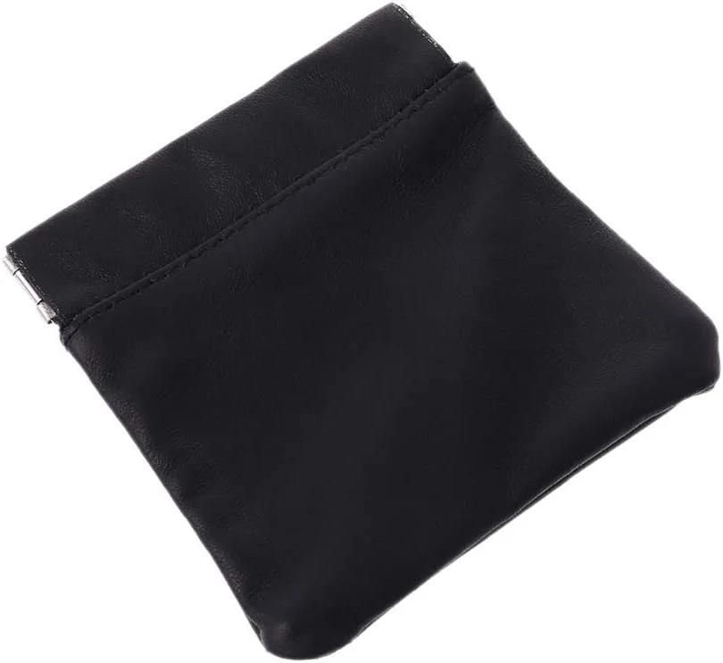 Men Ladies Genuine Leather Coin Pouch Snap Top Purse Strong Metal Spring Closure Small Change Bag,Black