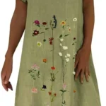 Keepink Linen Dresses for Women UK Plus Size Sundress Plain Summer Dress Casual V Neck Short Sleeve Sundresses Knee-Length T Shirts Dresses Beachwear Loose Tunic Shift Dresses