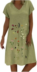 Keepink Linen Dresses for Women UK Plus Size Sundress Plain Summer Dress Casual V Neck Short Sleeve Sundresses Knee-Length T Shirts Dresses Beachwear Loose Tunic Shift Dresses