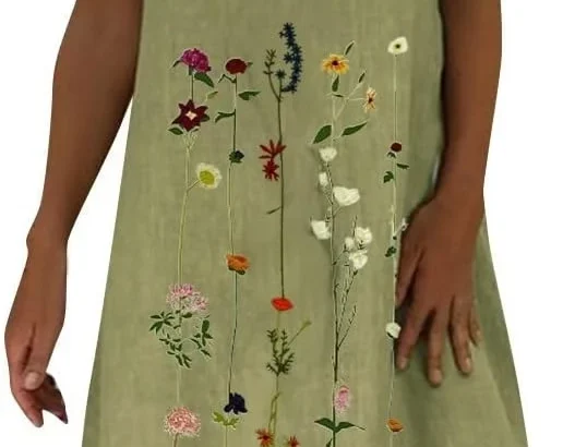 Keepink Linen Dresses for Women UK Plus Size Sundress Plain Summer Dress Casual V Neck Short Sleeve Sundresses Knee-Length T Shirts Dresses Beachwear Loose Tunic Shift Dresses