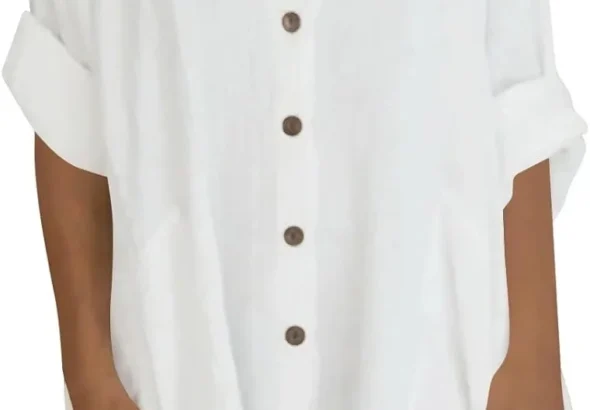 Womens Tops Oversized Cotton Linen Button Up Shirts Summer Casual Blouse Roll-Up Sleeve Tops Extra Long Top with Pockets Hawaii Beach Cover Up Ladies Clothes
