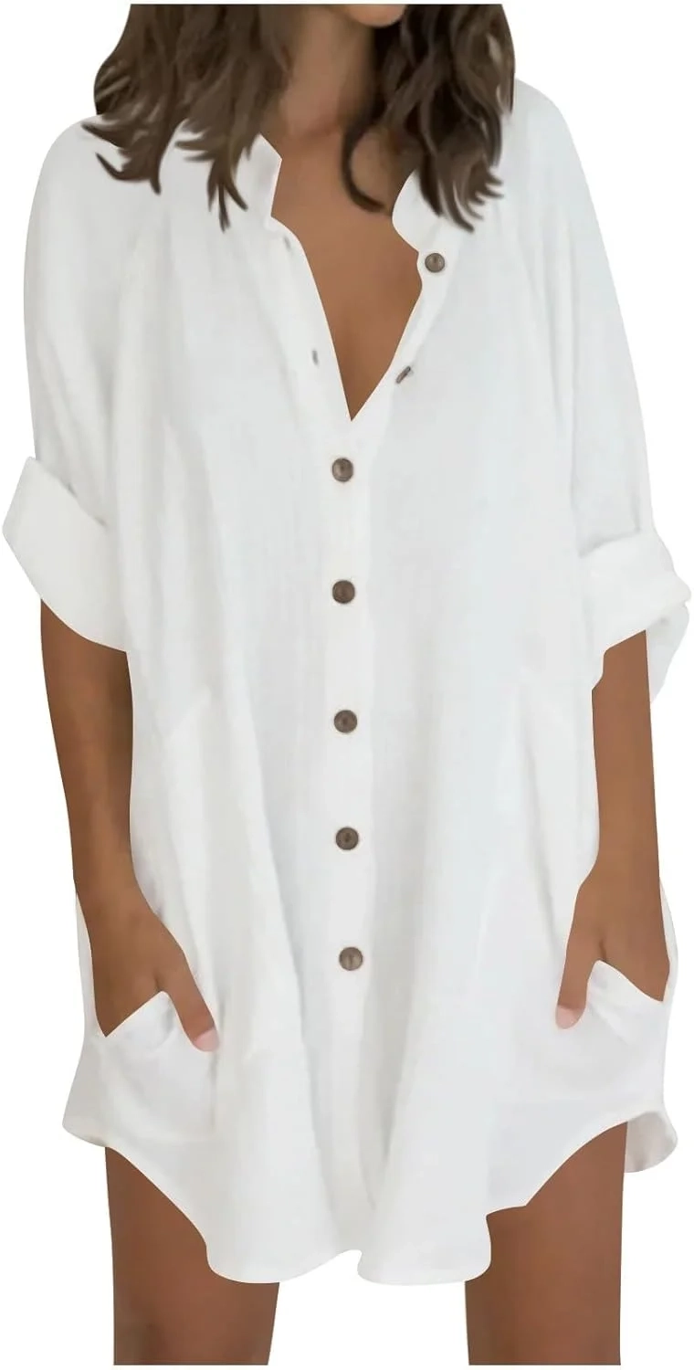 Womens Tops Oversized Cotton Linen Button Up Shirts Summer Casual Blouse Roll-Up Sleeve Tops Extra Long Top with Pockets Hawaii Beach Cover Up Ladies Clothes