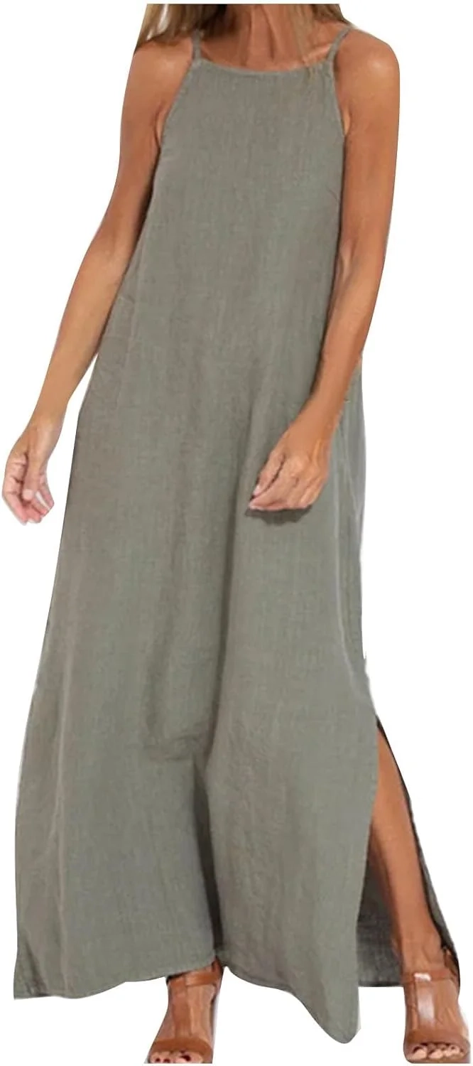 AMhomely Boho Maxi Dresses for Women UK Cotton and Linen Dresses Summer Sexy Spaghetti Strap Long Dresses Solid Beach Shift Dress Elegant Party Sundress Plus Size Casual Dress Going Out