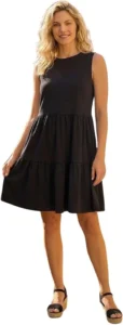 Roman Originals Cotton Tiered Stretch Dress for Women UK - Ladies Everyday Holiday Spring Summer Round Neckline Comfy Soft Evening Vacation Work Party