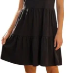 Roman Originals Cotton Tiered Stretch Dress for Women UK - Ladies Everyday Holiday Spring Summer Round Neckline Comfy Soft Evening Vacation Work Party