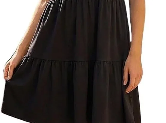 Roman Originals Cotton Tiered Stretch Dress for Women UK - Ladies Everyday Holiday Spring Summer Round Neckline Comfy Soft Evening Vacation Work Party