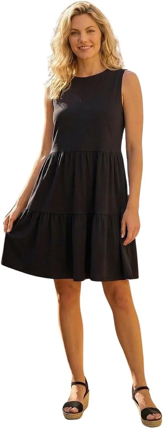 Roman Originals Cotton Tiered Stretch Dress for Women UK - Ladies Everyday Holiday Spring Summer Round Neckline Comfy Soft Evening Vacation Work Party