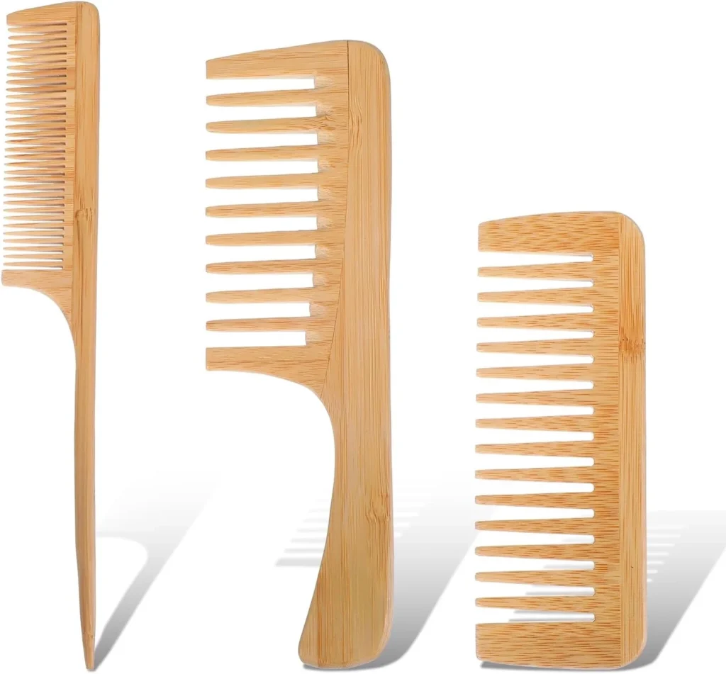 3Pcs Natural Bamboo Comb for Women, Wide Tooth Wooden Comb for Curls, Rat Tail Beard Combs Set for Thick Thin Straight Hair Women, Men Barber Styling, Curly Teasing, Parting, Mustache
