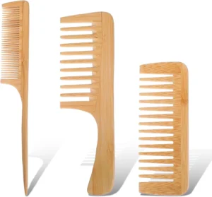3Pcs Natural Bamboo Comb for Women, Wide Tooth Wooden Comb for Curls, Rat Tail Beard Combs Set for Thick Thin Straight Hair Women, Men Barber Styling, Curly Teasing, Parting, Mustache