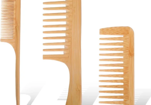 3Pcs Natural Bamboo Comb for Women, Wide Tooth Wooden Comb for Curls, Rat Tail Beard Combs Set for Thick Thin Straight Hair Women, Men Barber Styling, Curly Teasing, Parting, Mustache