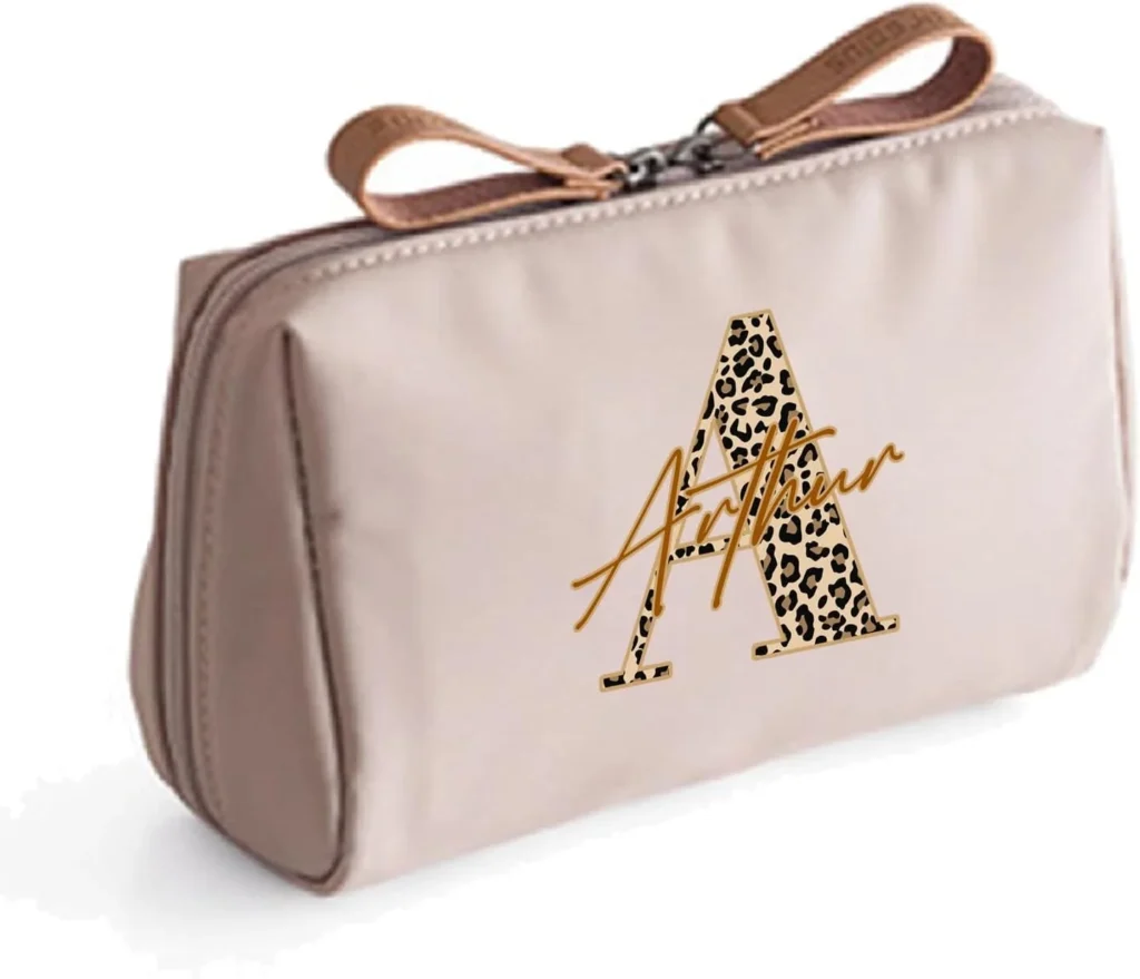 Personalised Cheetah Print, Initial with Name, Leopard Print, Waterproof Organizer Case for Women, Girl Gift, Mini Toiletry Bag for Makeup and Cosmetics for Daily Storage or Travel. (Natural Beige)