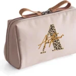 Personalised Cheetah Print, Initial with Name, Leopard Print, Waterproof Organizer Case for Women, Girl Gift, Mini Toiletry Bag for Makeup and Cosmetics for Daily Storage or Travel. (Natural Beige)