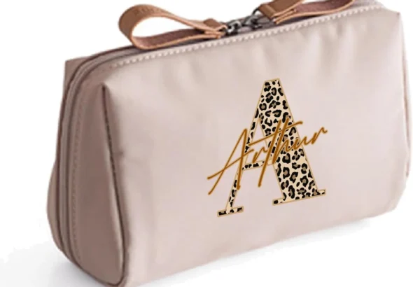 Personalised Cheetah Print, Initial with Name, Leopard Print, Waterproof Organizer Case for Women, Girl Gift, Mini Toiletry Bag for Makeup and Cosmetics for Daily Storage or Travel. (Natural Beige)