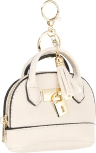 PATIKIL Mini Tote Bag Keychain, Cute Coin Purse Keychain PU Leather Backpack Purse Key Chain Little Cosmetic Bag Keychains for Women Makeup Card Data Cable Organizer, White