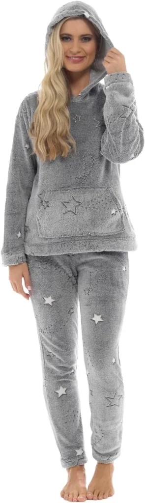 Slumber Hut Womens Fleece Pyjamas Star Pattern - Ladies Luxury Hooded Sherpa or Round Neck Style PJ's - Warm Winter Pajamas for Women - Size 8 up to 22