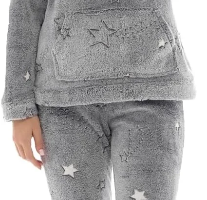 Slumber Hut Womens Fleece Pyjamas Star Pattern - Ladies Luxury Hooded Sherpa or Round Neck Style PJ's - Warm Winter Pajamas for Women - Size 8 up to 22