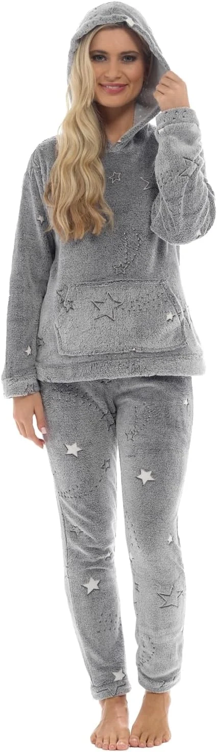 Slumber Hut Womens Fleece Pyjamas Star Pattern - Ladies Luxury Hooded Sherpa or Round Neck Style PJ's - Warm Winter Pajamas for Women - Size 8 up to 22