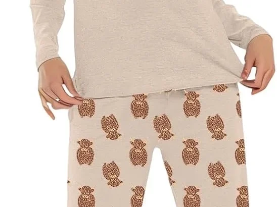 Ladies' Highland Cow Print Pyjamas, Grey Marl Cotton Blend, Long Sleeve Top & Trousers, Cosy Loungewear Gift, Women's Pajamas Lounge Wear Long Sleeve Grey PJs Comfy