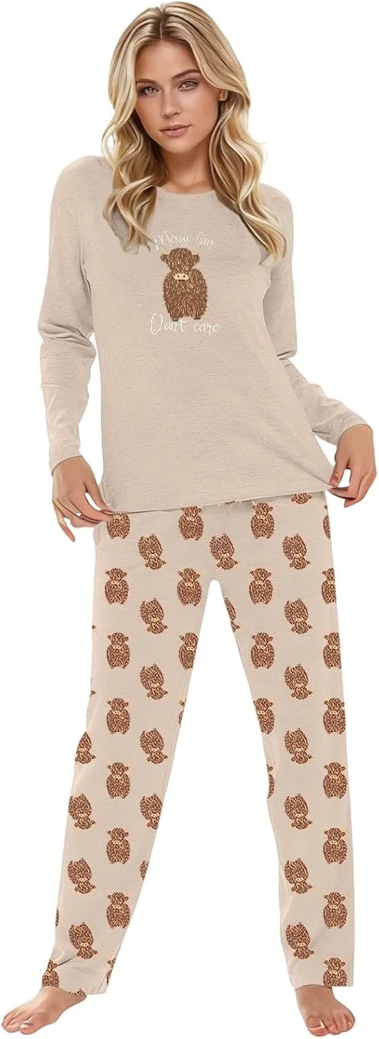 Ladies' Highland Cow Print Pyjamas, Grey Marl Cotton Blend, Long Sleeve Top & Trousers, Cosy Loungewear Gift, Women's Pajamas Lounge Wear Long Sleeve Grey PJs Comfy