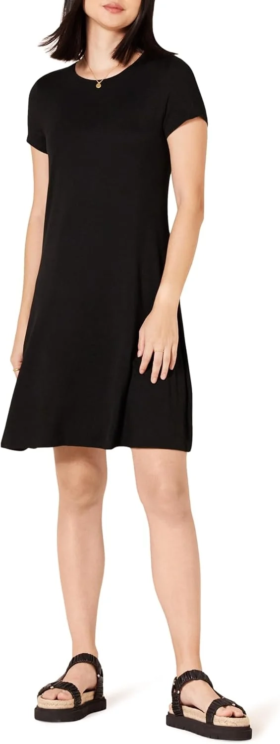 Amazon Essentials Women's Short-Sleeved Scoop Neck Swing Dress (Available in Plus Sizes)