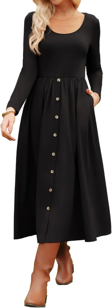 GRACE KARIN Women's Crew Neck Long Sleeve Midi Dress Winter A-Line Casual Dress with Buttons