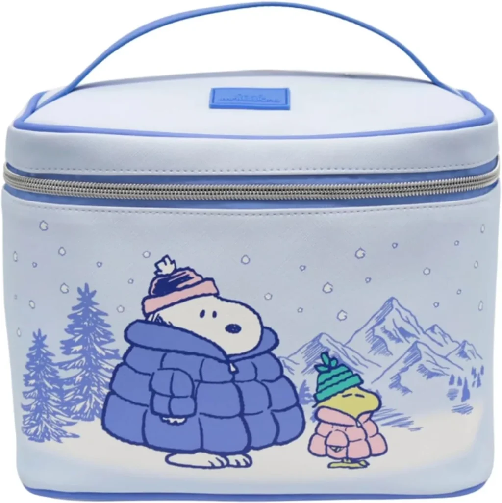 Impressions Vanity Peanuts Snoopy Winter Makeup Train Case with Artwork, Top Handle Carry Strap Makeup Bag with Slip Pocket, Brush Holder Pocket and Silver Hardware Travel Makeup Organizer for Women