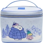 Impressions Vanity Peanuts Snoopy Winter Makeup Train Case with Artwork, Top Handle Carry Strap Makeup Bag with Slip Pocket, Brush Holder Pocket and Silver Hardware Travel Makeup Organizer for Women