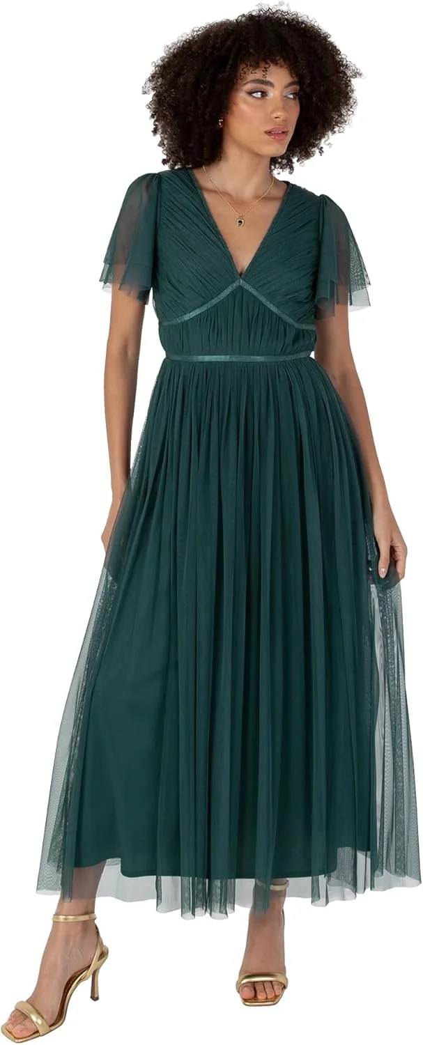 Anaya with Love Women's Women's Ladies Midaxi Dress V-Neck Short Flutter Sleeve Ribbon A-line Tulle for Bridesmaid Wedding Guest Prom Ball Gown Dress (Pack of 1)