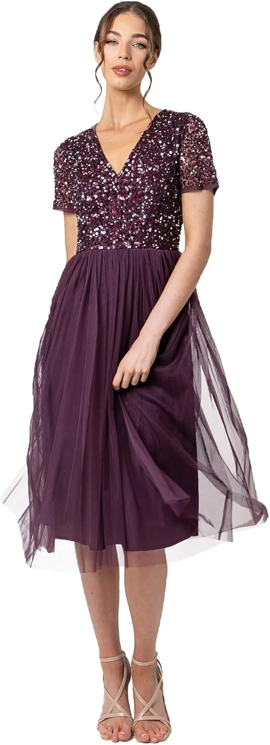 Maya Deluxe Women's V-Neck midi, Decorated Bridesmaid Dress