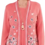 Ladies Flower Twin Set Cardigan Long Sleeve Open Front Knitwear with Ribbed Hem Comfortable Layered Look Contrast Trim Detail UK Size M to XL