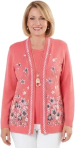 Ladies Flower Twin Set Cardigan Long Sleeve Open Front Knitwear with Ribbed Hem Comfortable Layered Look Contrast Trim Detail UK Size M to XL