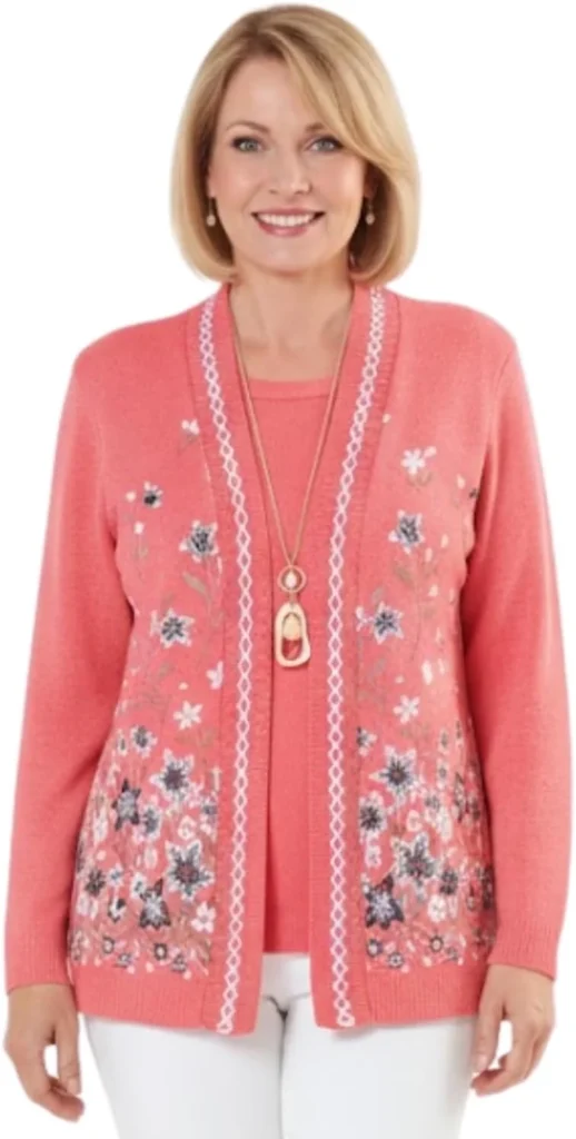 Ladies Flower Twin Set Cardigan Long Sleeve Open Front Knitwear with Ribbed Hem Comfortable Layered Look Contrast Trim Detail UK Size M to XL