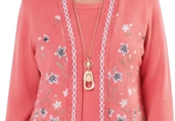 Ladies Flower Twin Set Cardigan Long Sleeve Open Front Knitwear with Ribbed Hem Comfortable Layered Look Contrast Trim Detail UK Size M to XL