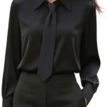 Blouse for Women UK Dressy Tie Collared Neck Tops Cuffed Long Sleeve Shirts Basic Plain Business Top Ladies Office Work Blouses Stylish Shirts for Smart Elegant Casual Outings