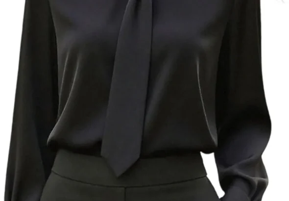 Blouse for Women UK Dressy Tie Collared Neck Tops Cuffed Long Sleeve Shirts Basic Plain Business Top Ladies Office Work Blouses Stylish Shirts for Smart Elegant Casual Outings