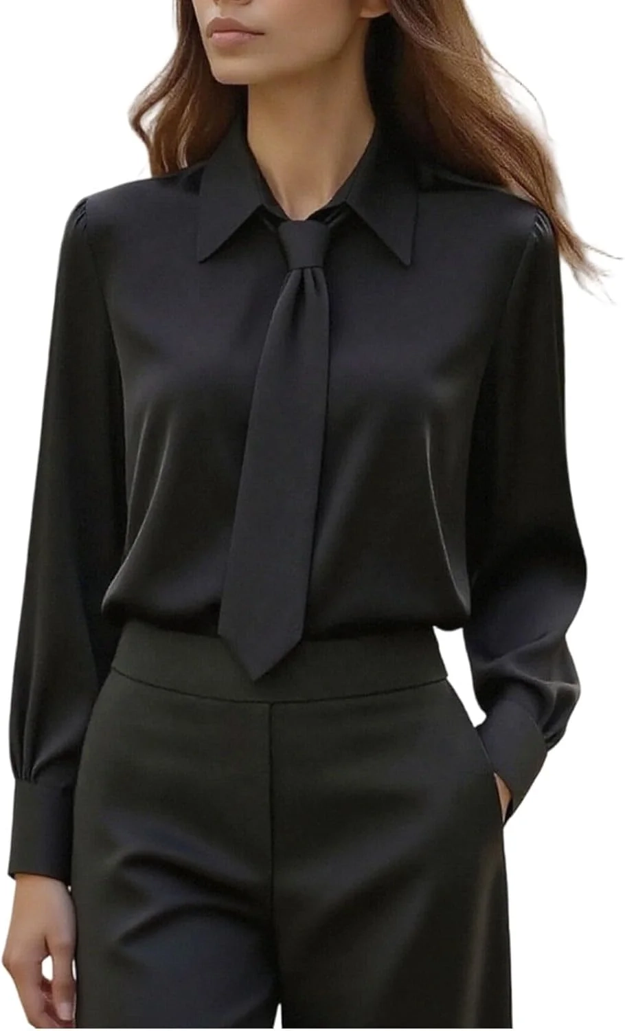 Blouse for Women UK Dressy Tie Collared Neck Tops Cuffed Long Sleeve Shirts Basic Plain Business Top Ladies Office Work Blouses Stylish Shirts for Smart Elegant Casual Outings