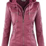 Faux Leather Jacket for Women Hooded Moto Biker Jacket Full Zip Pleated Overcoat Casual Coat Warm Tops