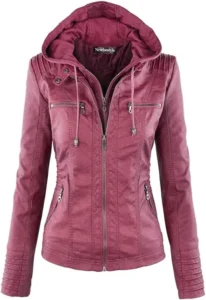 Faux Leather Jacket for Women Hooded Moto Biker Jacket Full Zip Pleated Overcoat Casual Coat Warm Tops