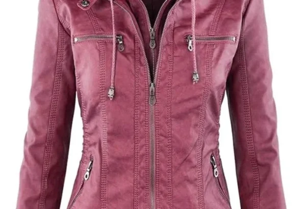 Faux Leather Jacket for Women Hooded Moto Biker Jacket Full Zip Pleated Overcoat Casual Coat Warm Tops