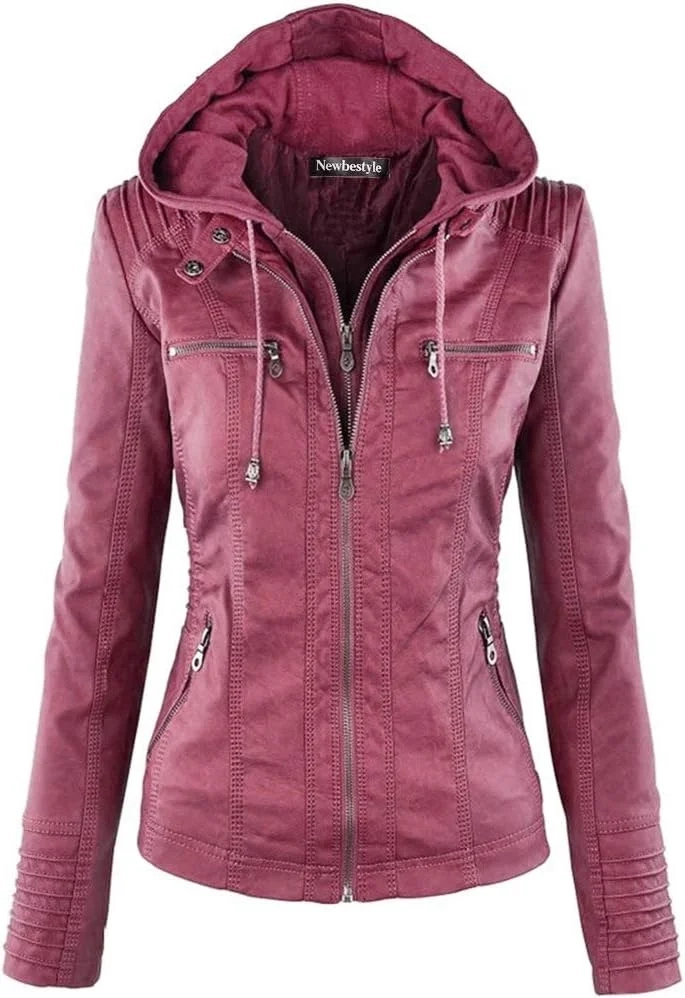 Faux Leather Jacket for Women Hooded Moto Biker Jacket Full Zip Pleated Overcoat Casual Coat Warm Tops