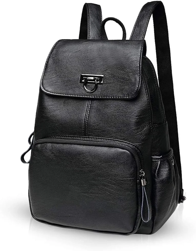 NICOLE & DORIS Woman Faux Leather Backpack Casual Daypack Ladies Leather Rucksack Black
